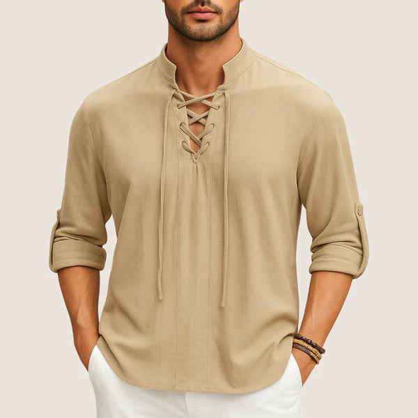 Monarch Boho Linen Shirt – Casual Elegance with Lace-up Detail