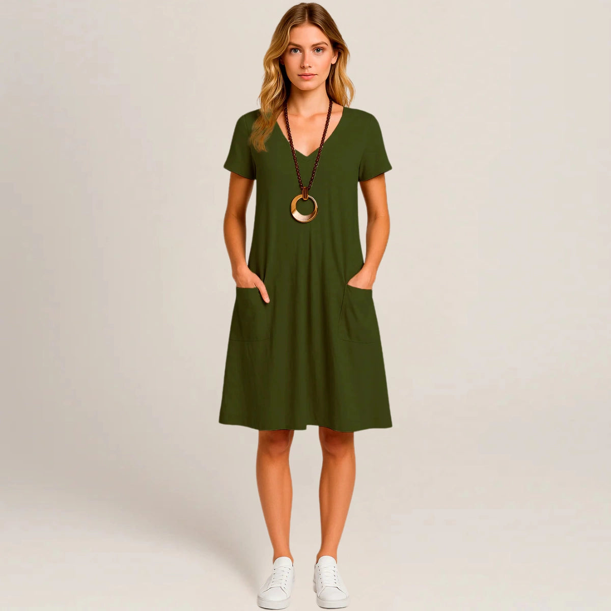 Lavinia Midi Dress – Round Neck, Front Pockets & Short Sleeves