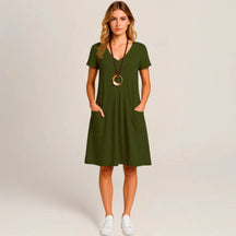 Lavinia Midi Dress – Round Neck, Front Pockets & Short Sleeves