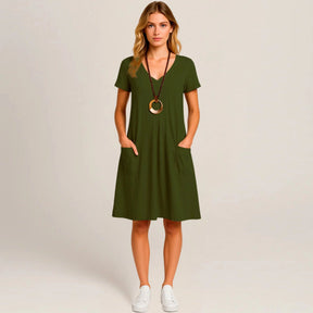 Lavinia Midi Dress – Round Neck, Front Pockets & Short Sleeves