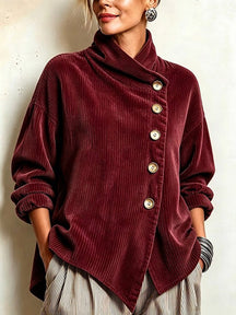 Women's Wide-Rib Corduroy High-Neck Jumper with Gold Buttons