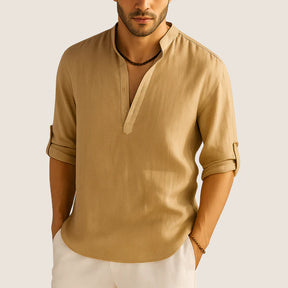 Monarch Cotton Shirt – Casual Elegance with Stand Collar, Long Sleeves