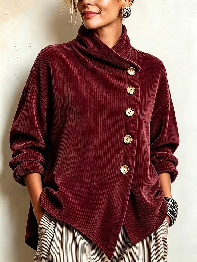 Women's Wide-Rib Corduroy High-Neck Jumper with Gold Buttons