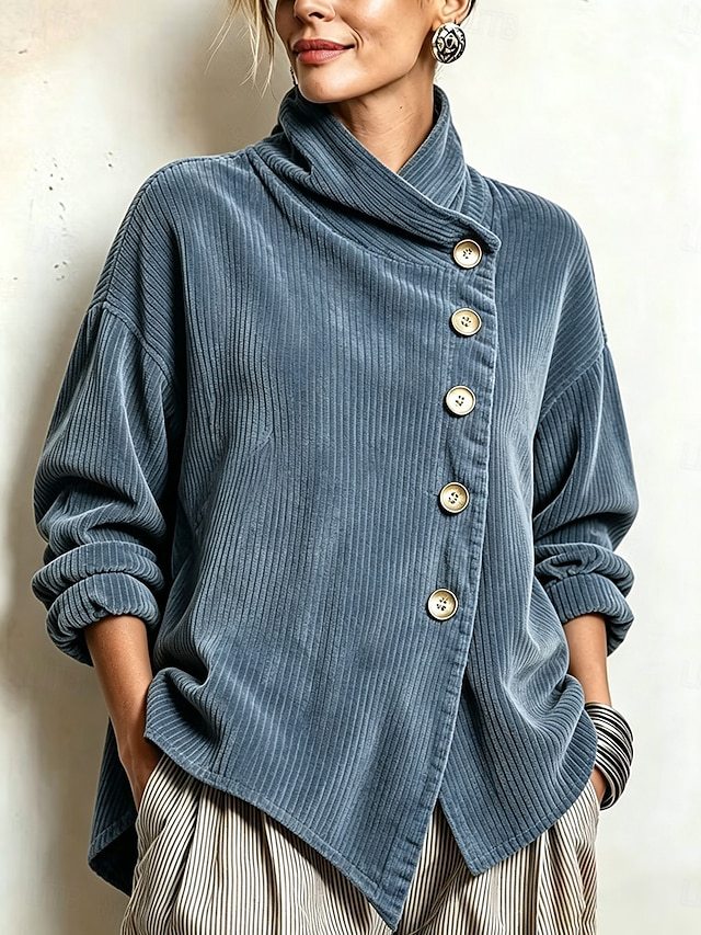 Women's Wide-Rib Corduroy High-Neck Jumper with Gold Buttons