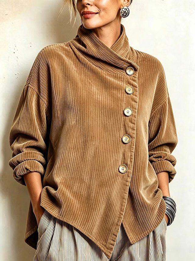 Women's Wide-Rib Corduroy High-Neck Jumper with Gold Buttons