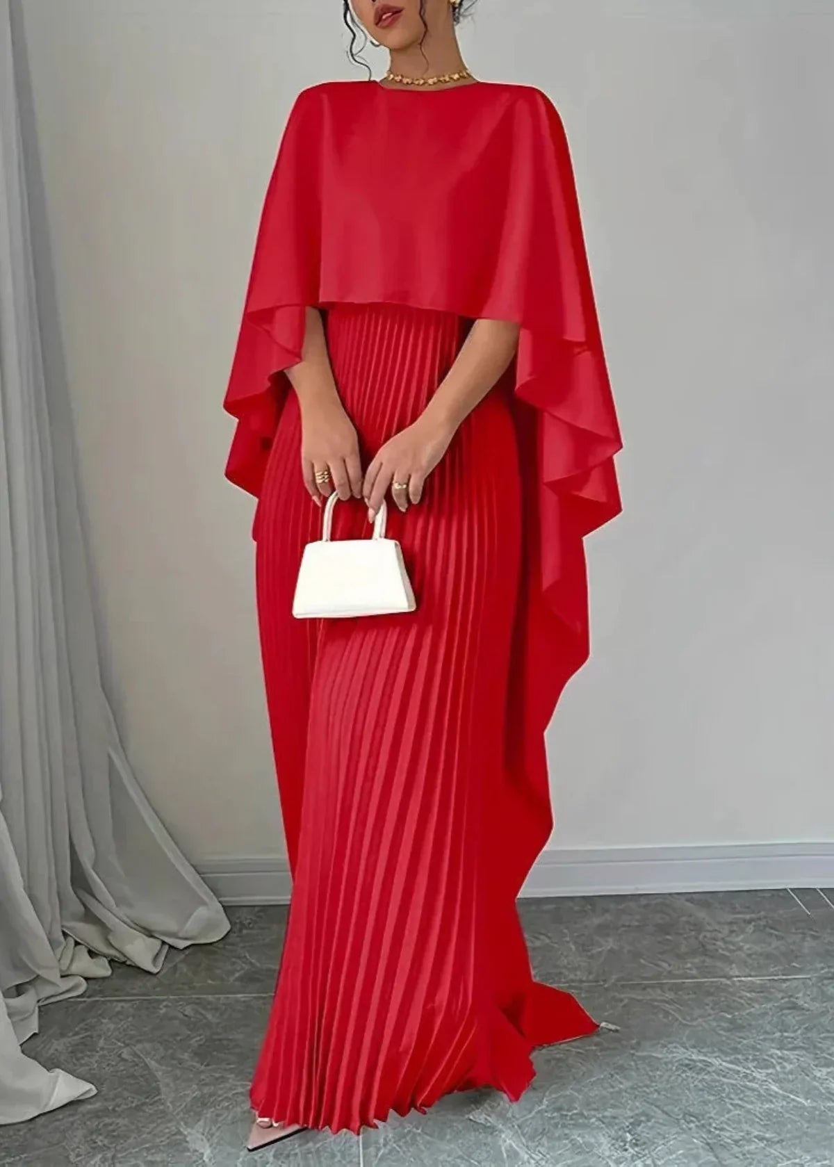 Women's Pleated Cape-Sleeve Maxi Christmas Party Dress