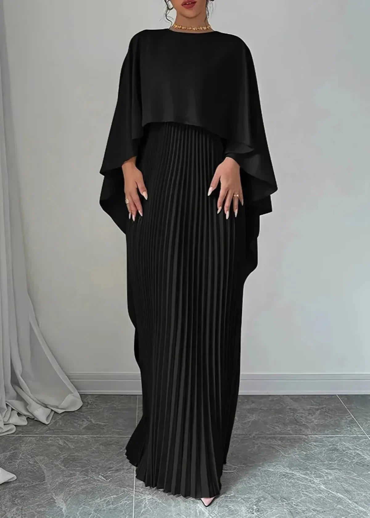 Women's Pleated Cape-Sleeve Maxi Christmas Party Dress