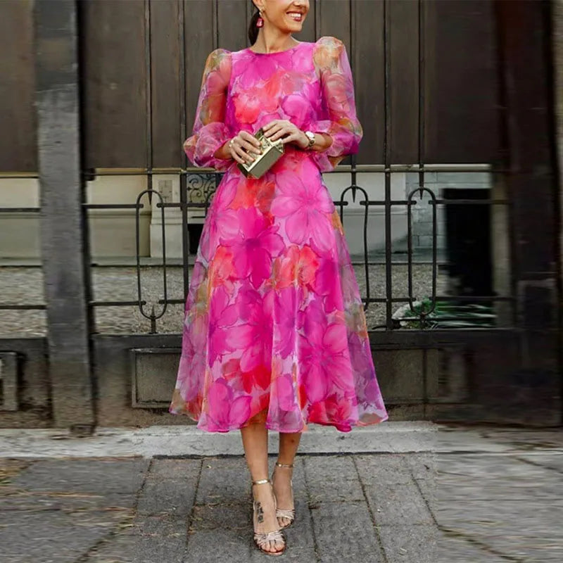Women's Floral Sheer Long-Sleeve A-Line Midi Cocktail Dress