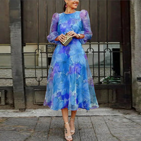 Women's Floral Sheer Long-Sleeve A-Line Midi Cocktail Dress