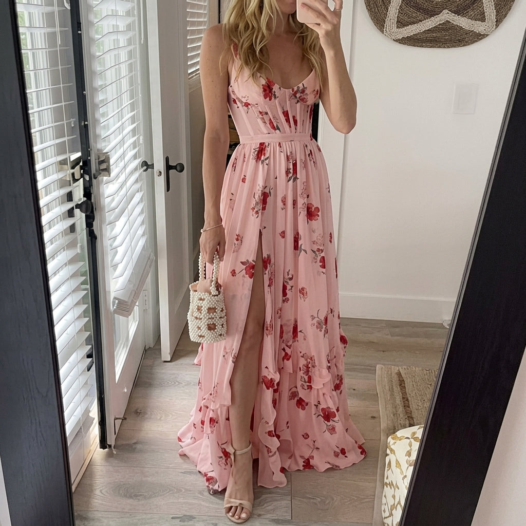 Women's Floral Corset Fall Wedding Guest Maxi Dress Ruffled