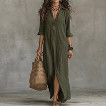 Women's Long-Sleeve Button-Front Midi Shirt Dress with Pockets