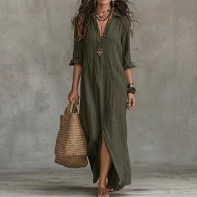 Women's Long-Sleeve Button-Front Midi Shirt Dress with Pockets