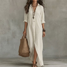 Women's Long-Sleeve Button-Front Midi Shirt Dress with Pockets