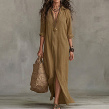 Women's Long-Sleeve Button-Front Midi Shirt Dress with Pockets