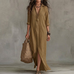 Women's Long-Sleeve Button-Front Midi Shirt Dress with Pockets