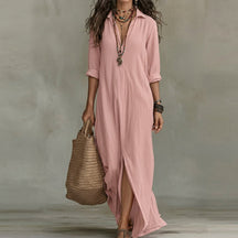 Women's Long-Sleeve Button-Front Midi Shirt Dress with Pockets