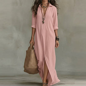 Women's Long-Sleeve Button-Front Midi Shirt Dress with Pockets
