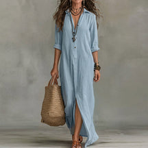 Women's Long-Sleeve Button-Front Midi Shirt Dress with Pockets