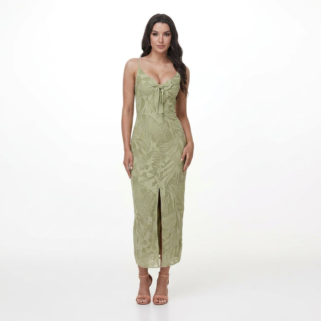Women's Floral Ruffle-Strap Fitted Maxi Dress with Tie Front