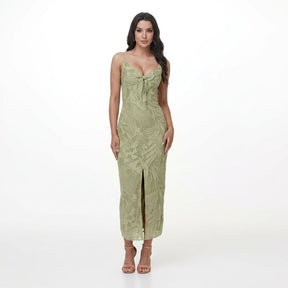 Women's Floral Ruffle-Strap Fitted Maxi Dress with Tie Front