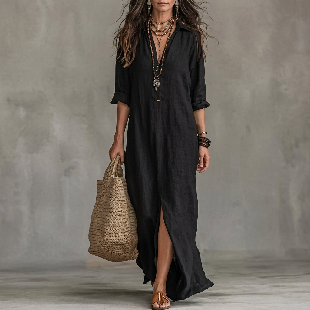 Women's Long-Sleeve Button-Front Midi Shirt Dress with Pockets