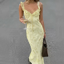 Women's Floral Ruffle-Strap Fitted Maxi Dress with Tie Front