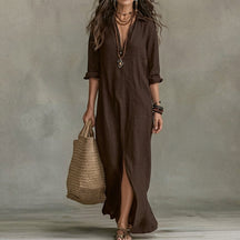 Women's Long-Sleeve Button-Front Midi Shirt Dress with Pockets