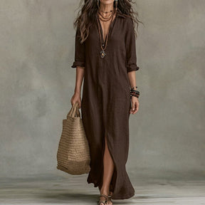 Women's Long-Sleeve Button-Front Midi Shirt Dress with Pockets