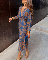 Women's Printed V-Neck A-Line Maxi Dress