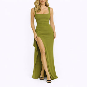 Fall Wedding Guest Dresses Square-Neck Ruched Thigh-Split Maxi Dress