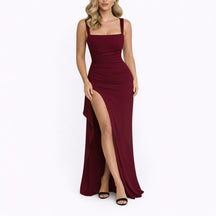 Fall Wedding Guest Dresses Square-Neck Ruched Thigh-Split Maxi Dress
