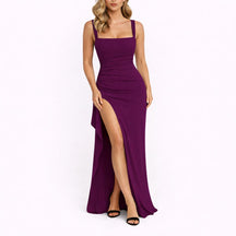 Fall Wedding Guest Dresses Square-Neck Ruched Thigh-Split Maxi Dress