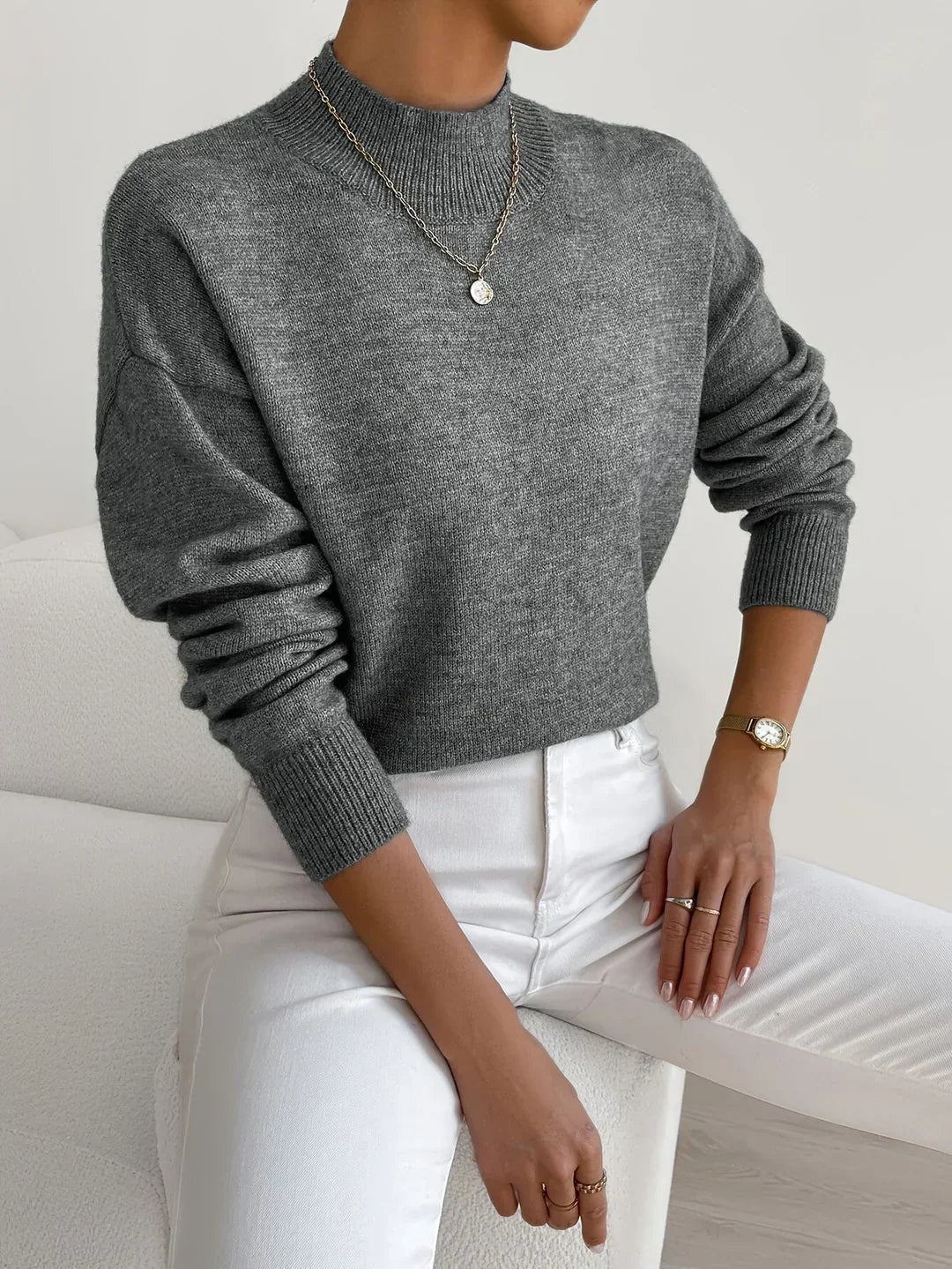 Women's Fine Knit High-Neck Long-Sleeve Jumper