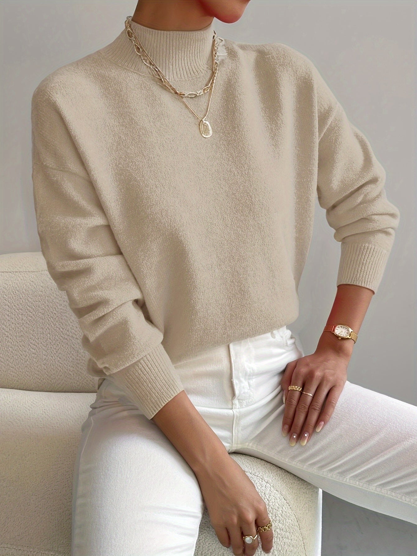 Women's Fine Knit High-Neck Long-Sleeve Jumper