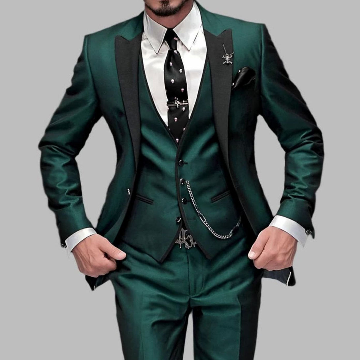 Men's Slim Fit Three-Piece Contrast Lapel Christmas Party Suit