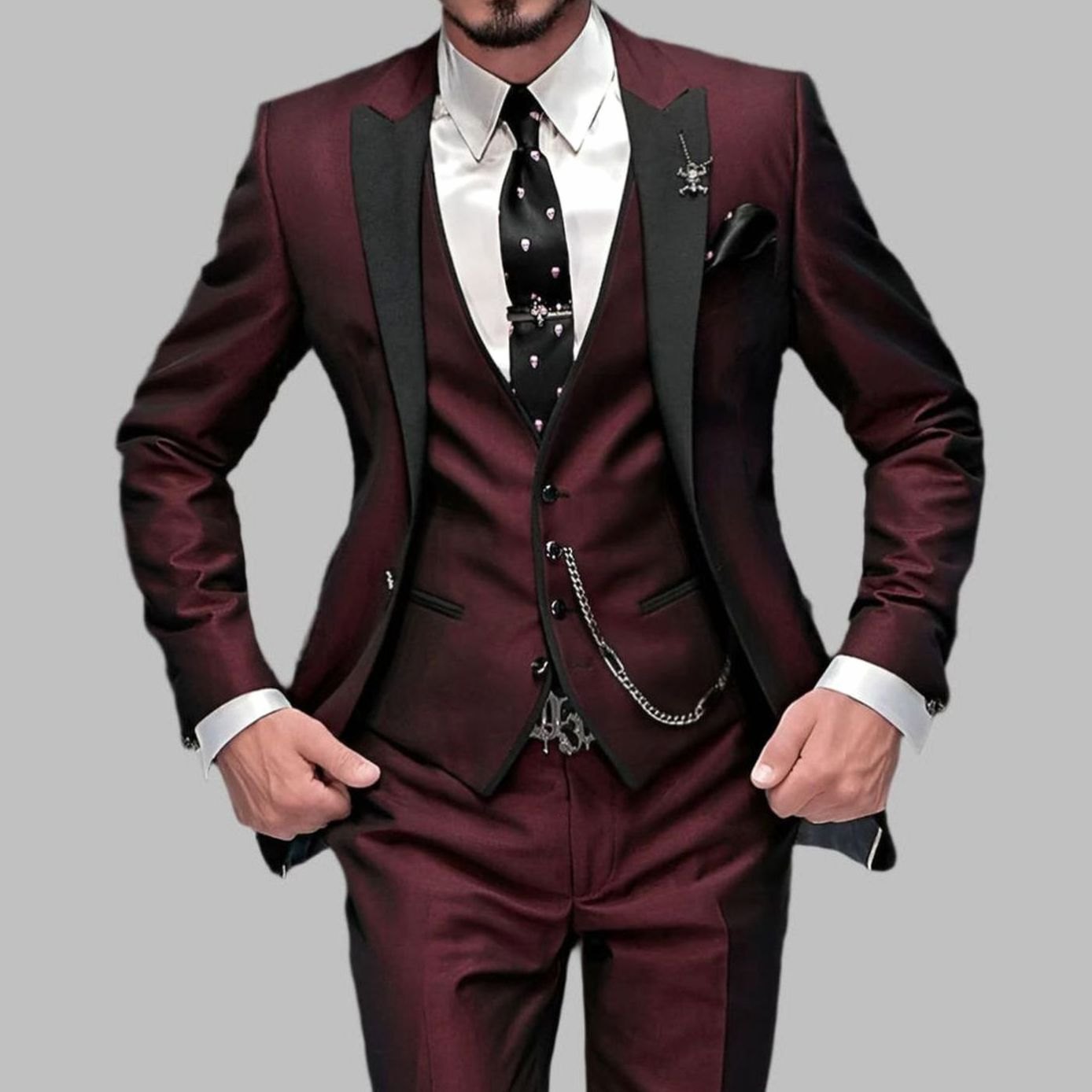 Men's Slim Fit Three-Piece Contrast Lapel Christmas Party Suit