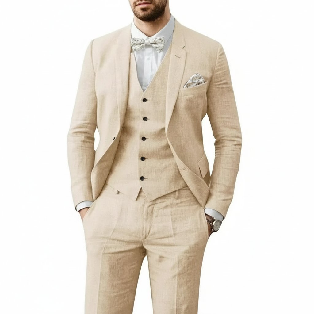 Men's Three-Piece Linen Wedding Suit Summer Formal Set