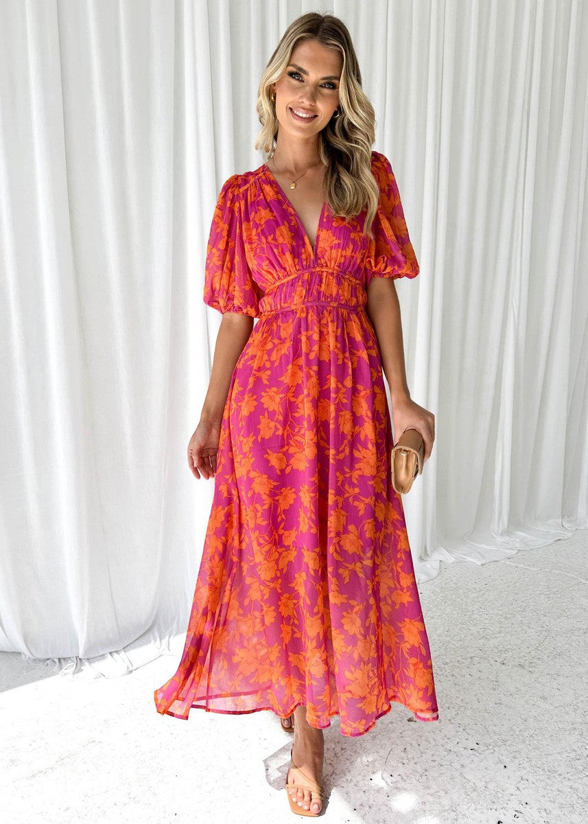 Women's Floral V Neck Maxi Wedding Guest Dress