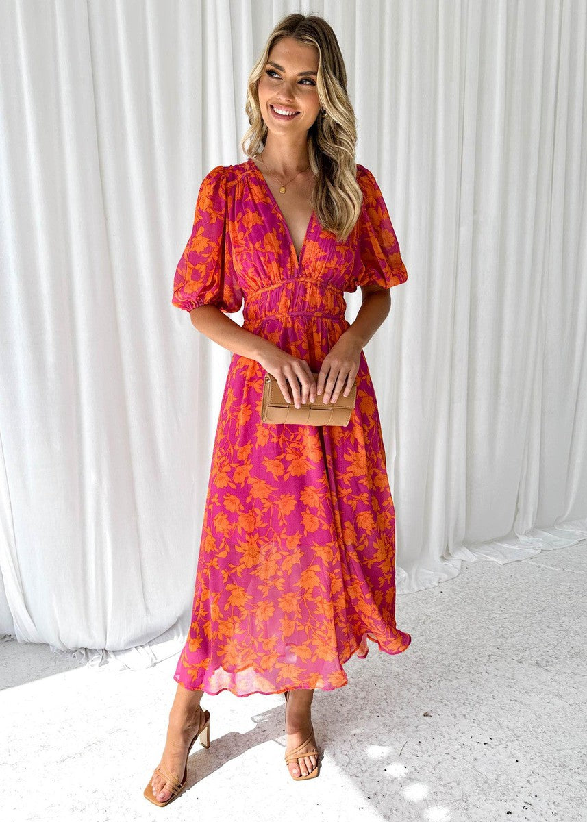 Women's Floral V Neck Maxi Wedding Guest Dress