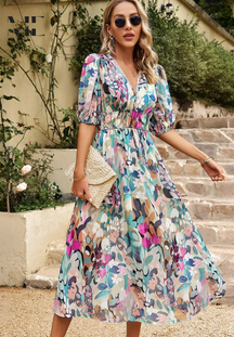 Women's Floral V-Neck Puff-Sleeve Midi Dress