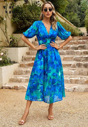 Women's Floral V-Neck Puff-Sleeve Midi Dress