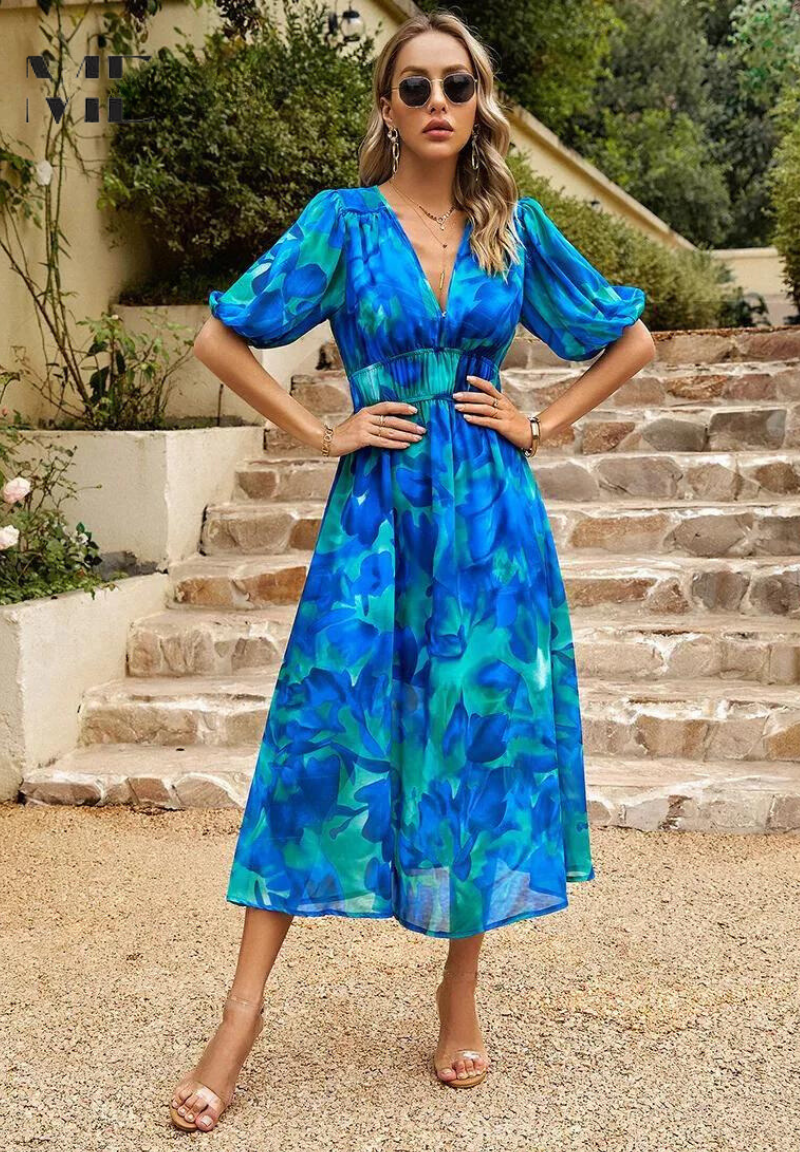 Women's Floral V-Neck Puff-Sleeve Midi Dress
