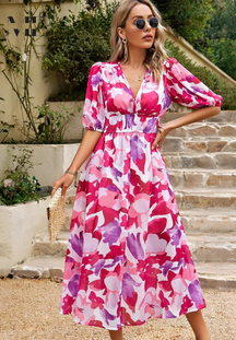 Women's Floral V-Neck Puff-Sleeve Midi Dress