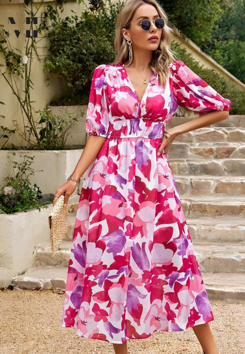 Women's Floral V-Neck Puff-Sleeve Midi Dress