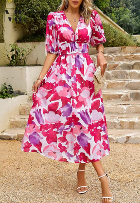 Women's Floral V-Neck Puff-Sleeve Midi Dress