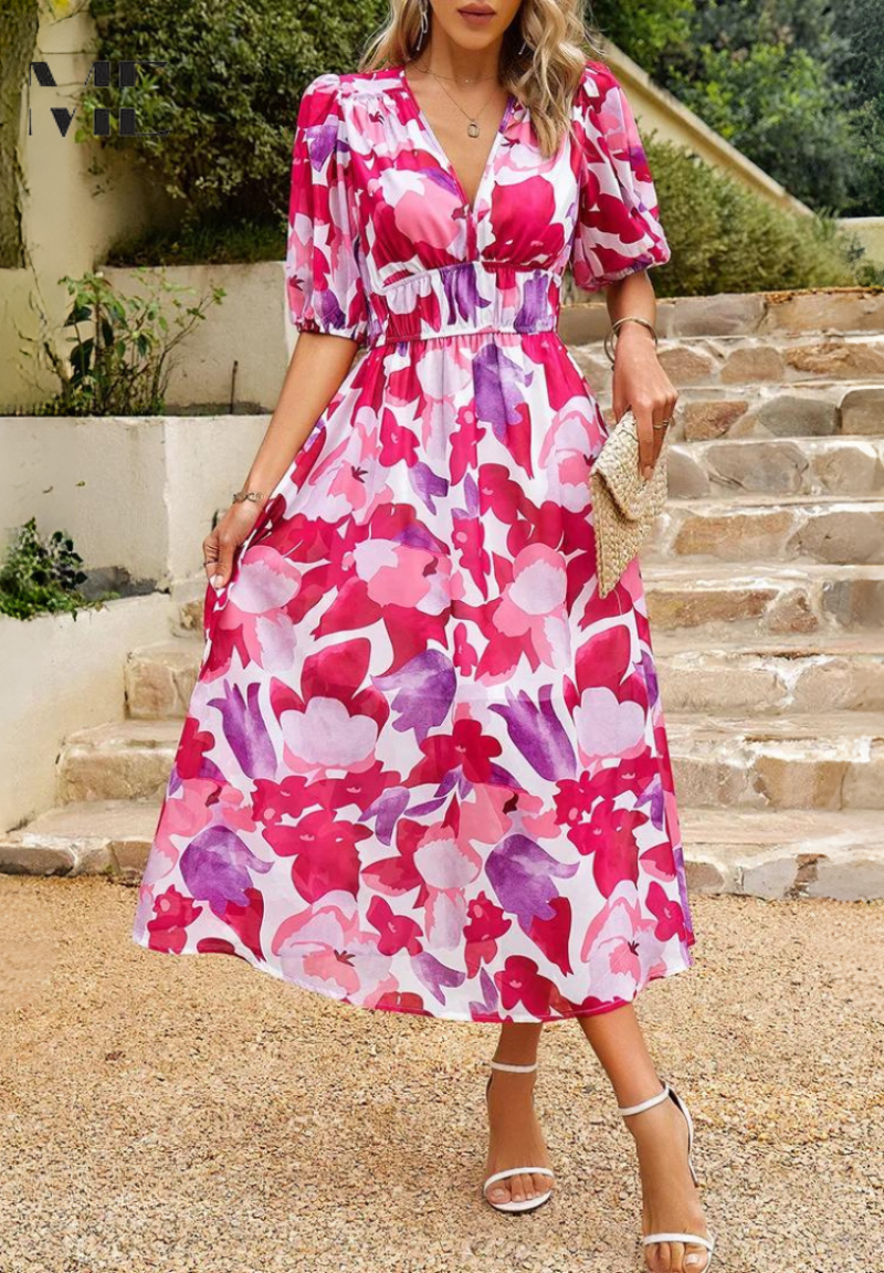 Women's Floral V-Neck Puff-Sleeve Midi Dress
