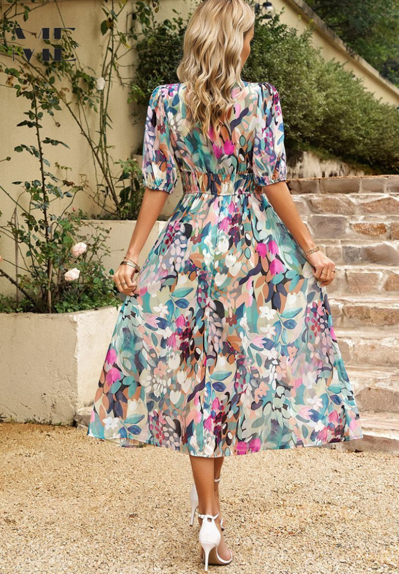 Women's Floral V-Neck Puff-Sleeve Midi Dress