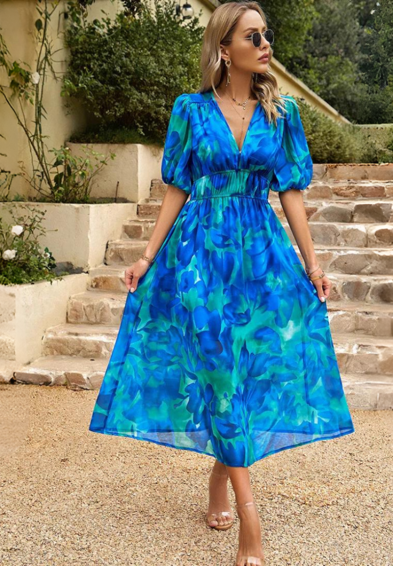 Women's Floral V-Neck Puff-Sleeve Midi Dress