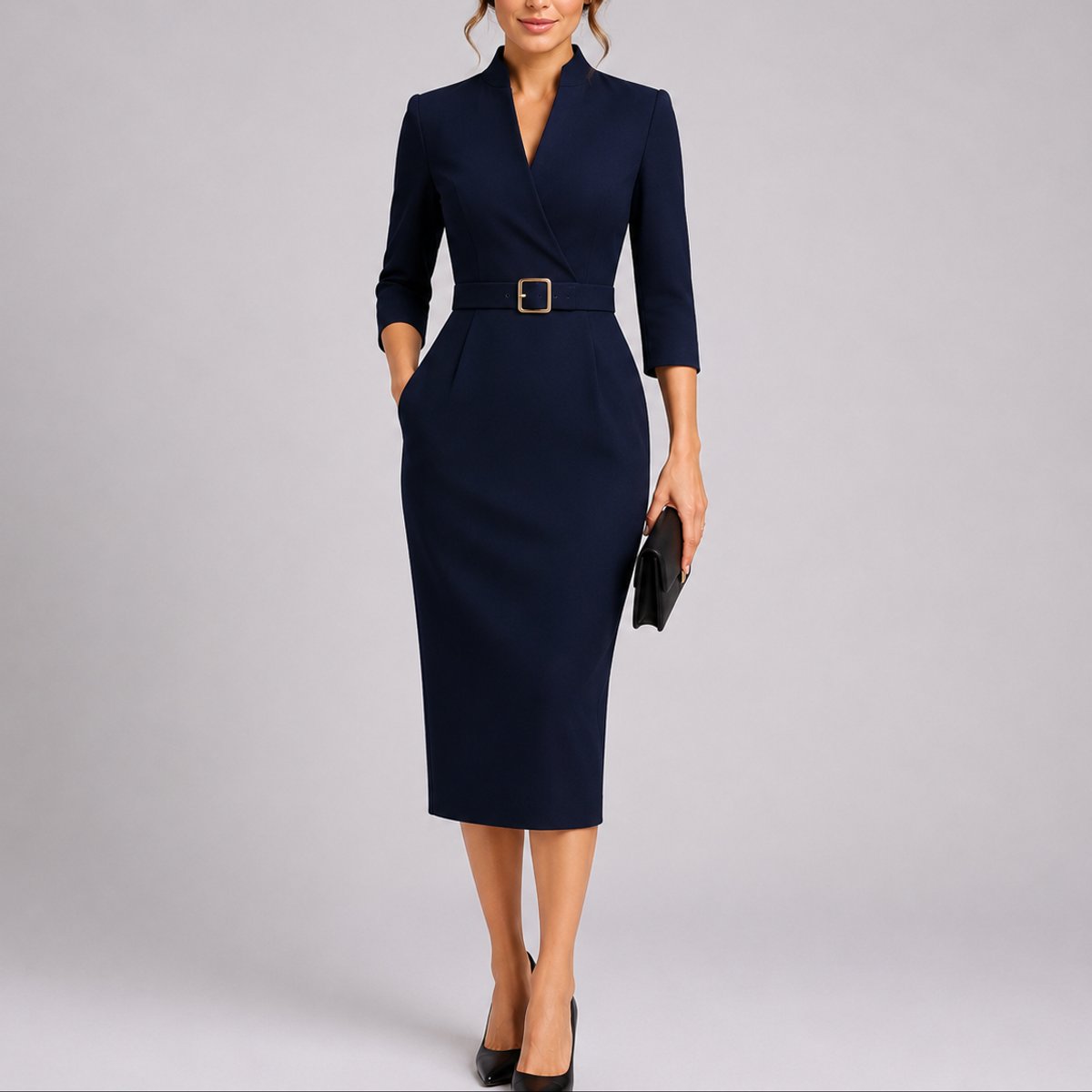 Women's Belted Bodycon V-Neck Midi Christmas Party Dress