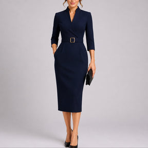 Women's Belted Bodycon V-Neck Midi Christmas Party Dress